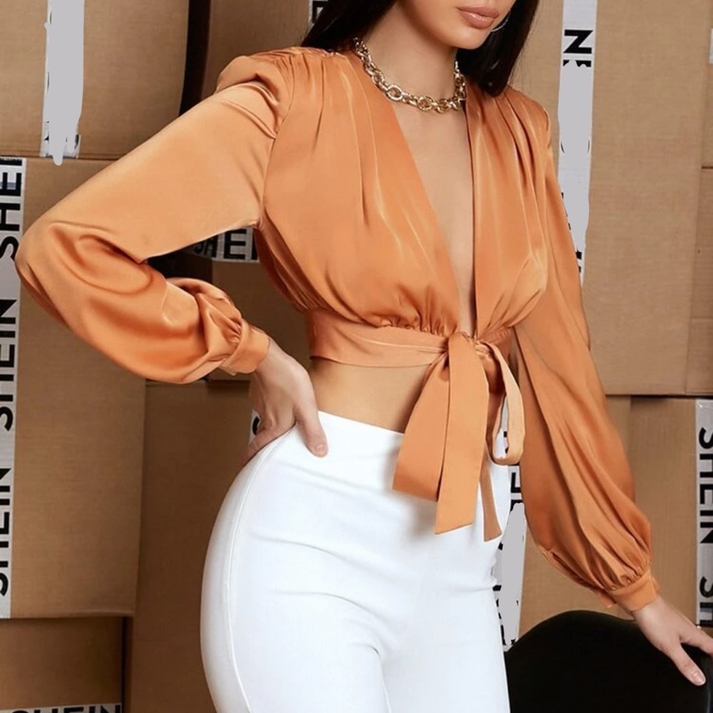 Elegant Satin Tie-Front Blouse - Orange